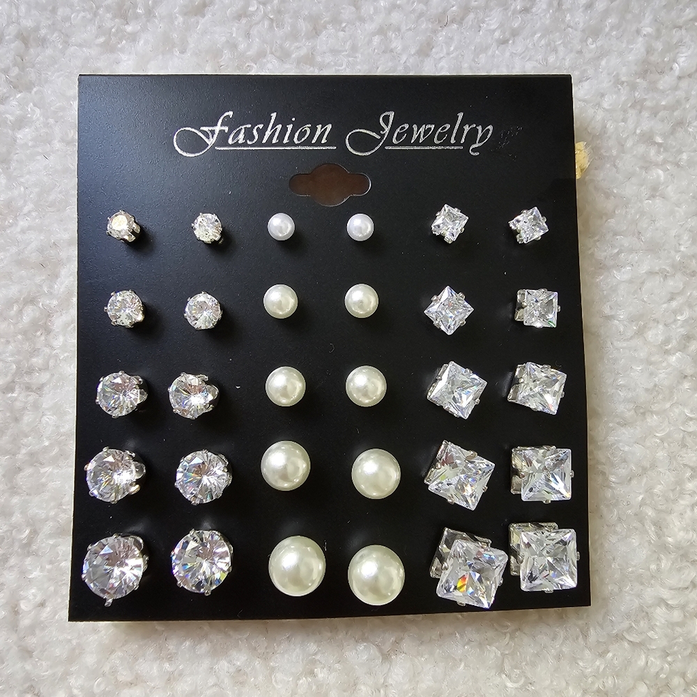15 pairs silver tone solitaire stud earrings faux pearl cubic zirconia round